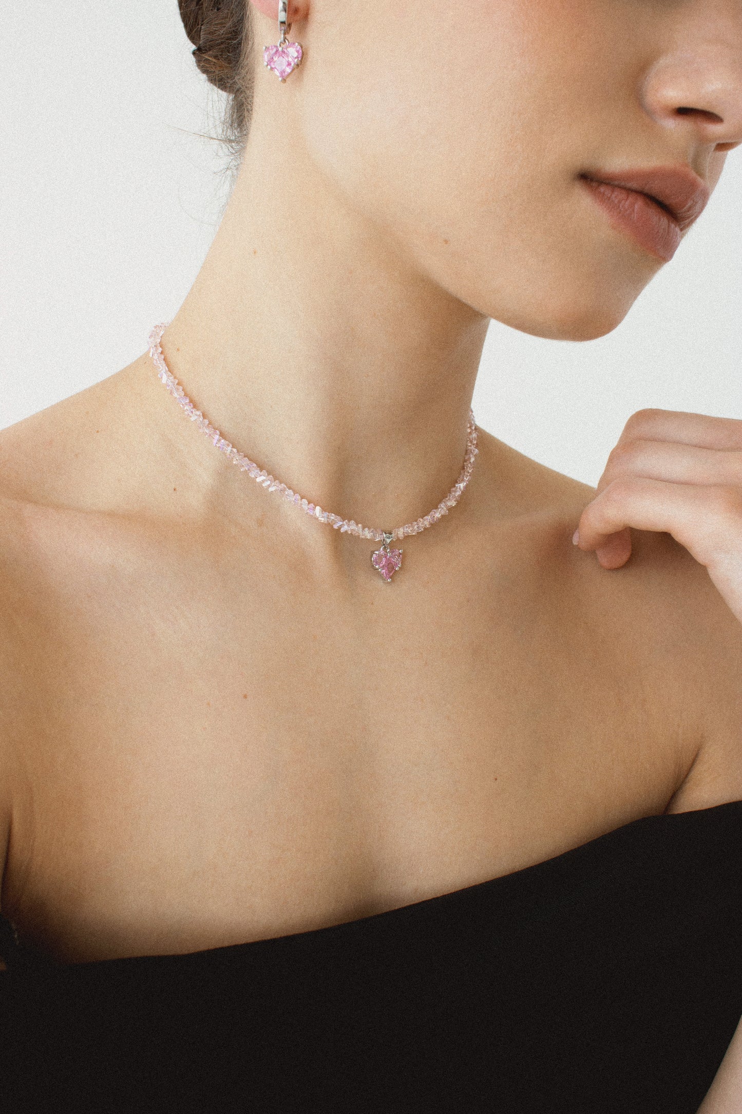 KENSY Pink Heart Pendant Necklace with Lobster Clasp, Crystal Choker, Heart Pendant Bracelet, Heart Drop Earrings Silver