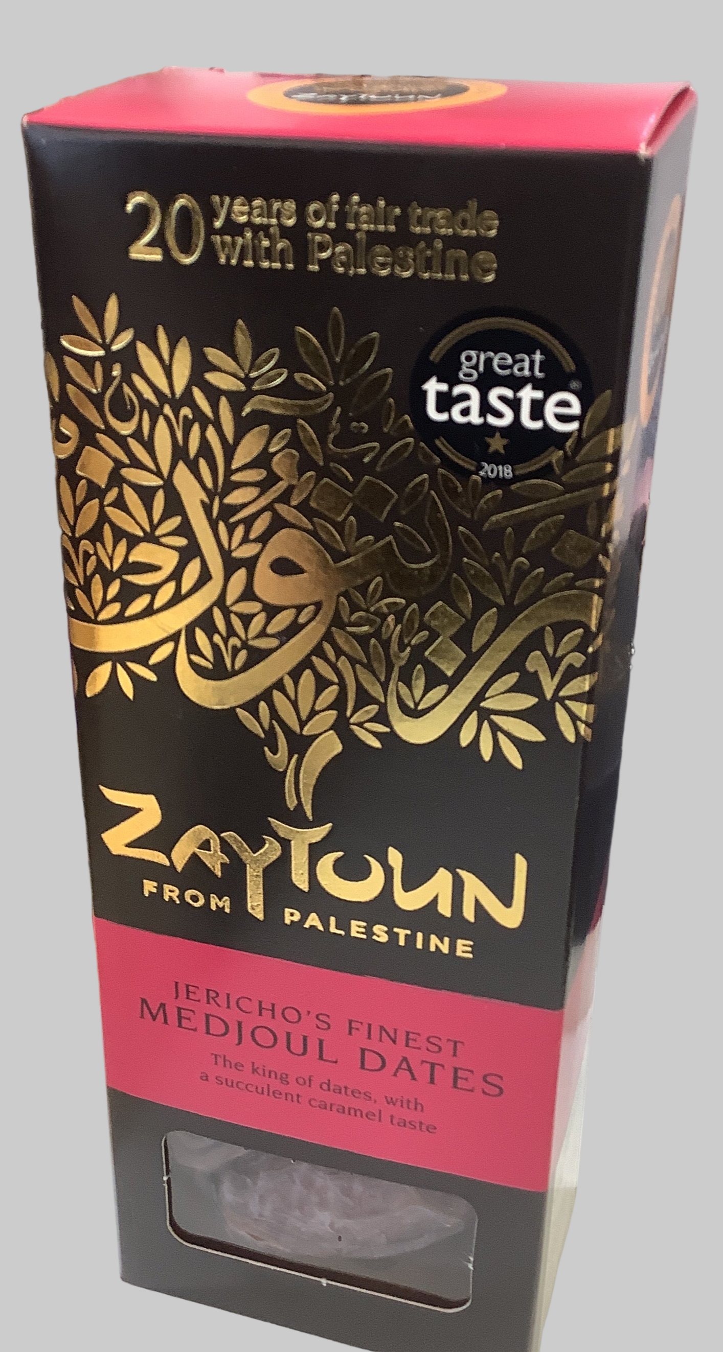 Box of Zaytoun dates with 'Great Taste' award on a white surface
