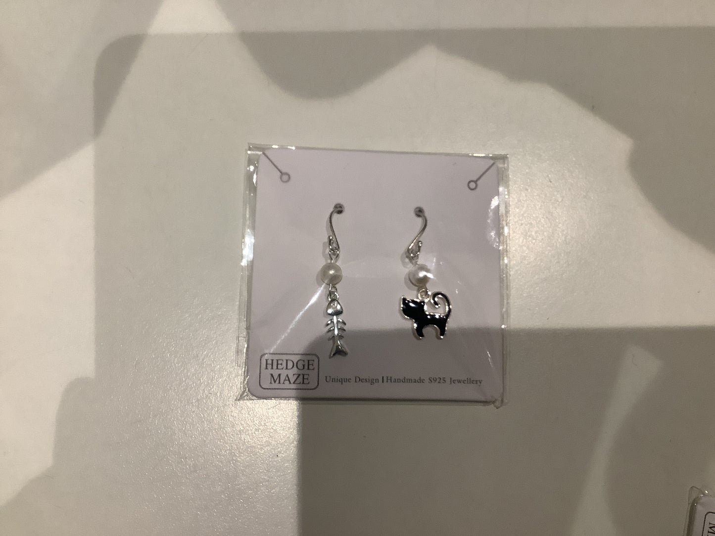 Cutie Black Cat and Fish Bone Silver 925 & Fresh Water Pearl Earrings