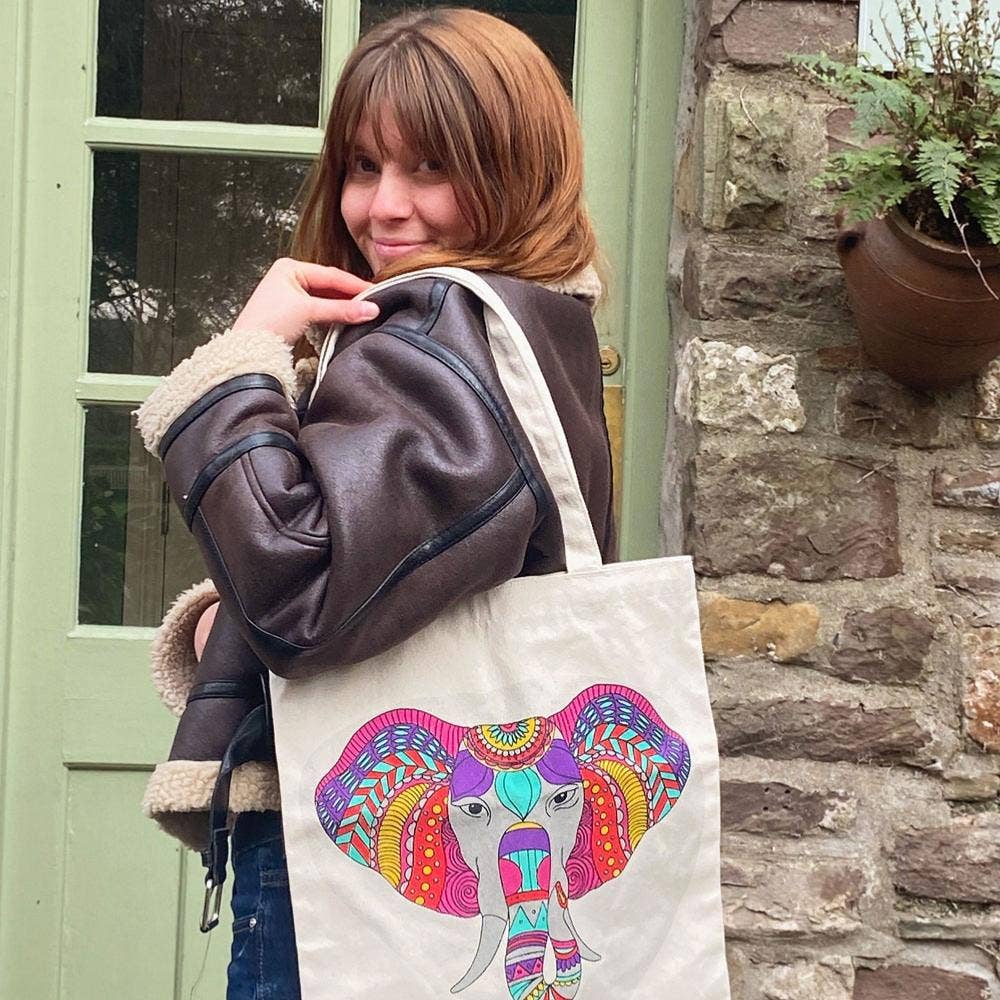 Shared Earth - Tote Bag Recycled Cotton Elephant Mandala 36 x 40cm
