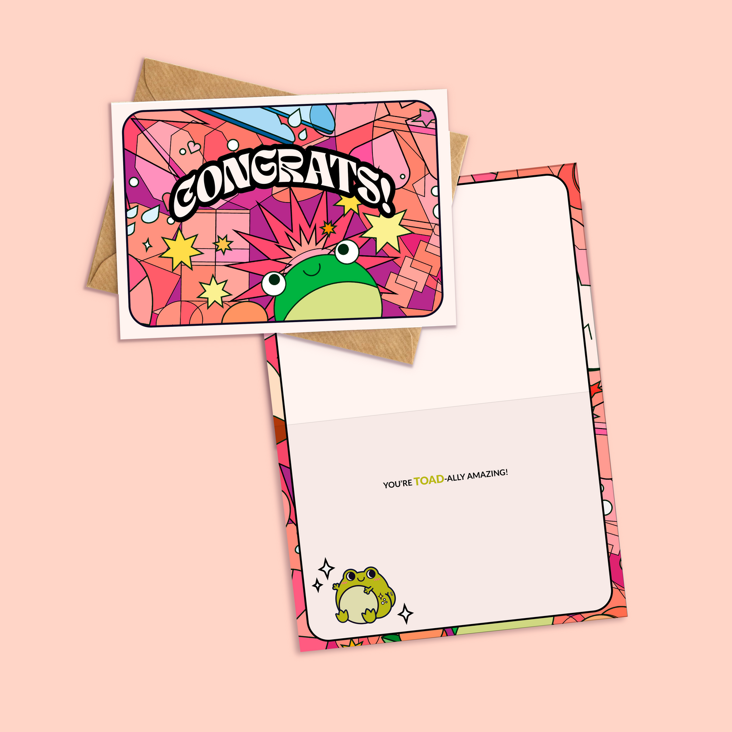 Congrats! Autumn congratulations card. Inside: You're toad-ally amazing!