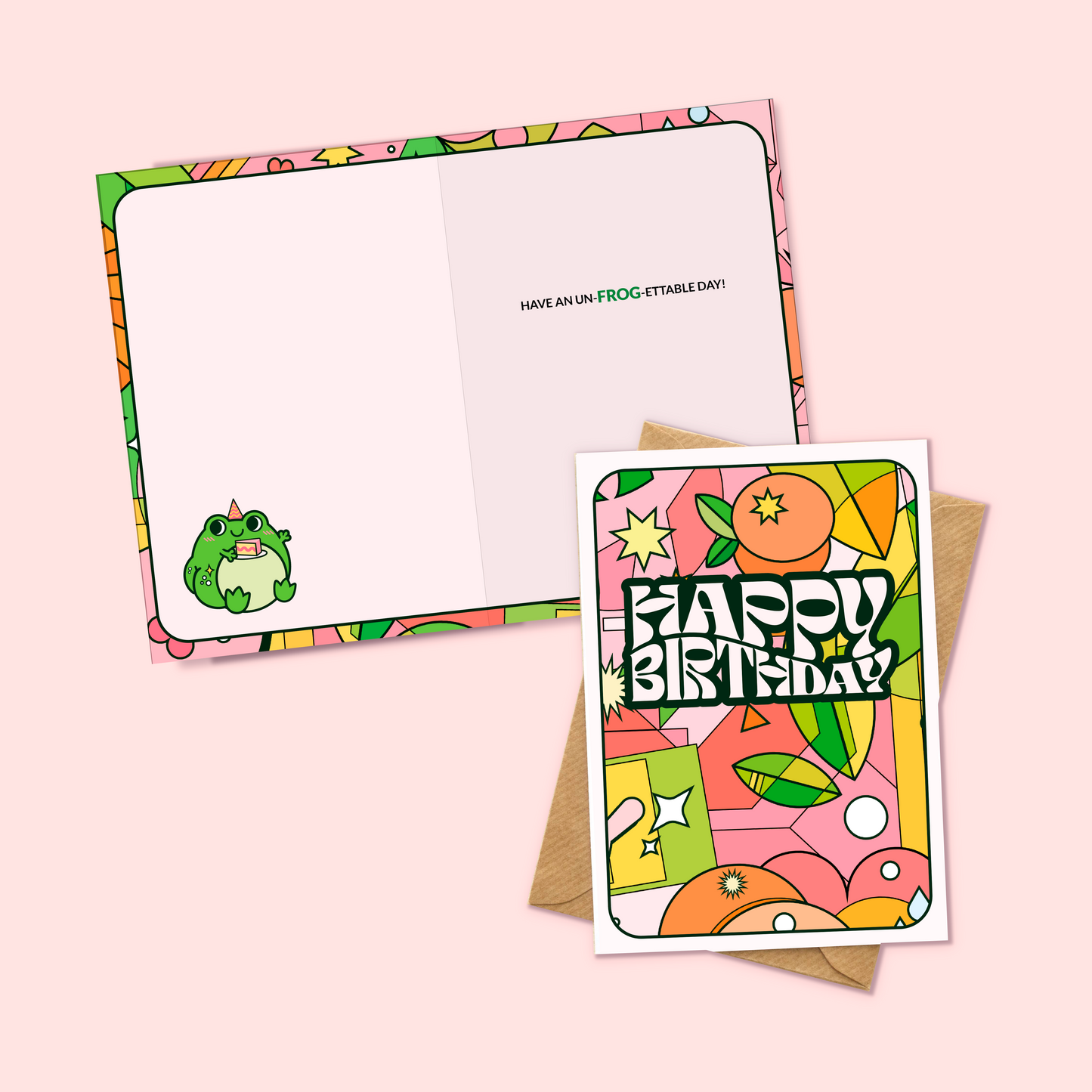 Happy birthday spring card. Inside: Have an un-frog-ettable day!