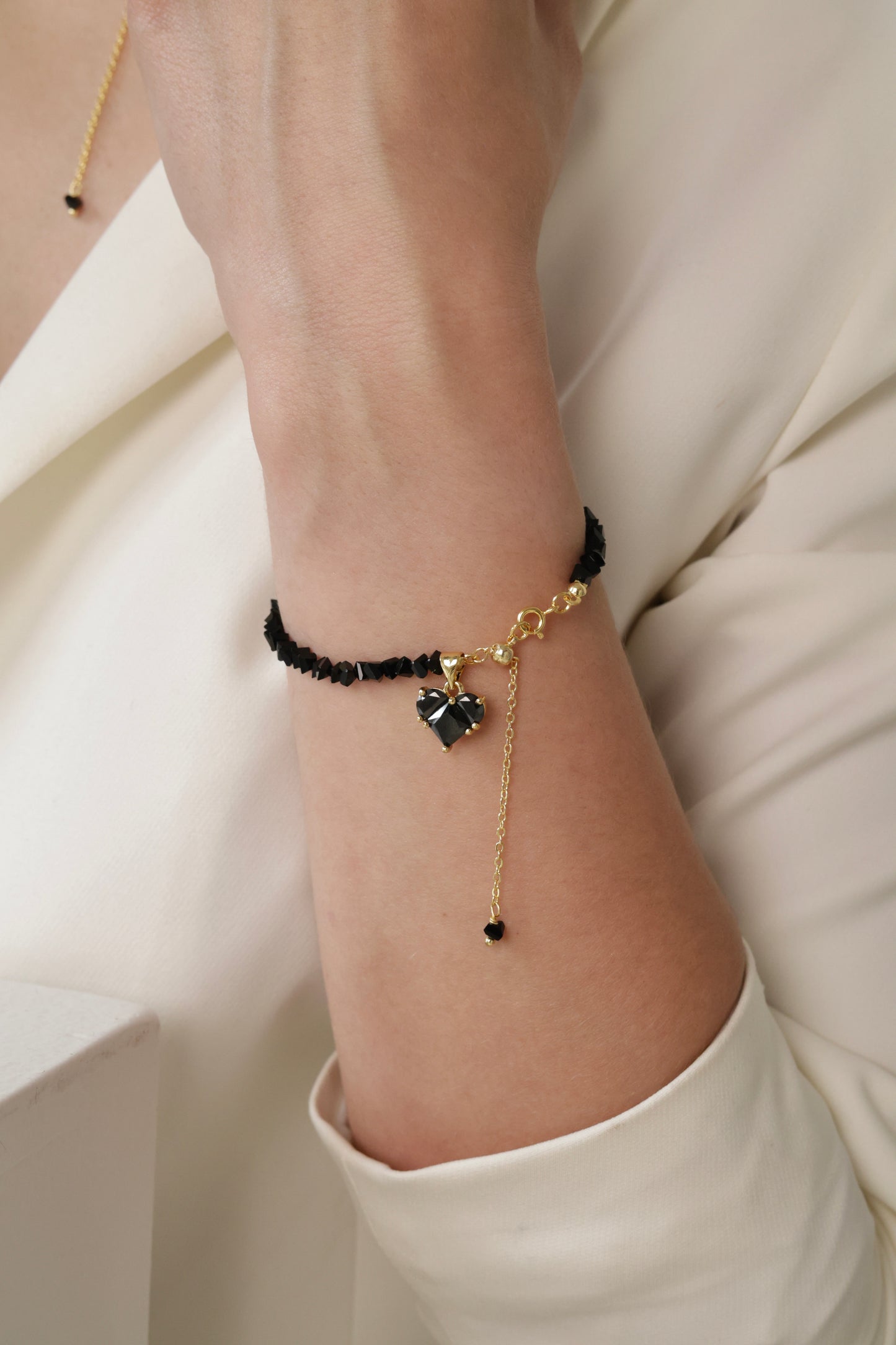 KENSY Black Helios Pendant Necklace with Lobster Clasp, Crystal Choker, Heart Pendant Bracelet, Heart Drop Earrings Gold
