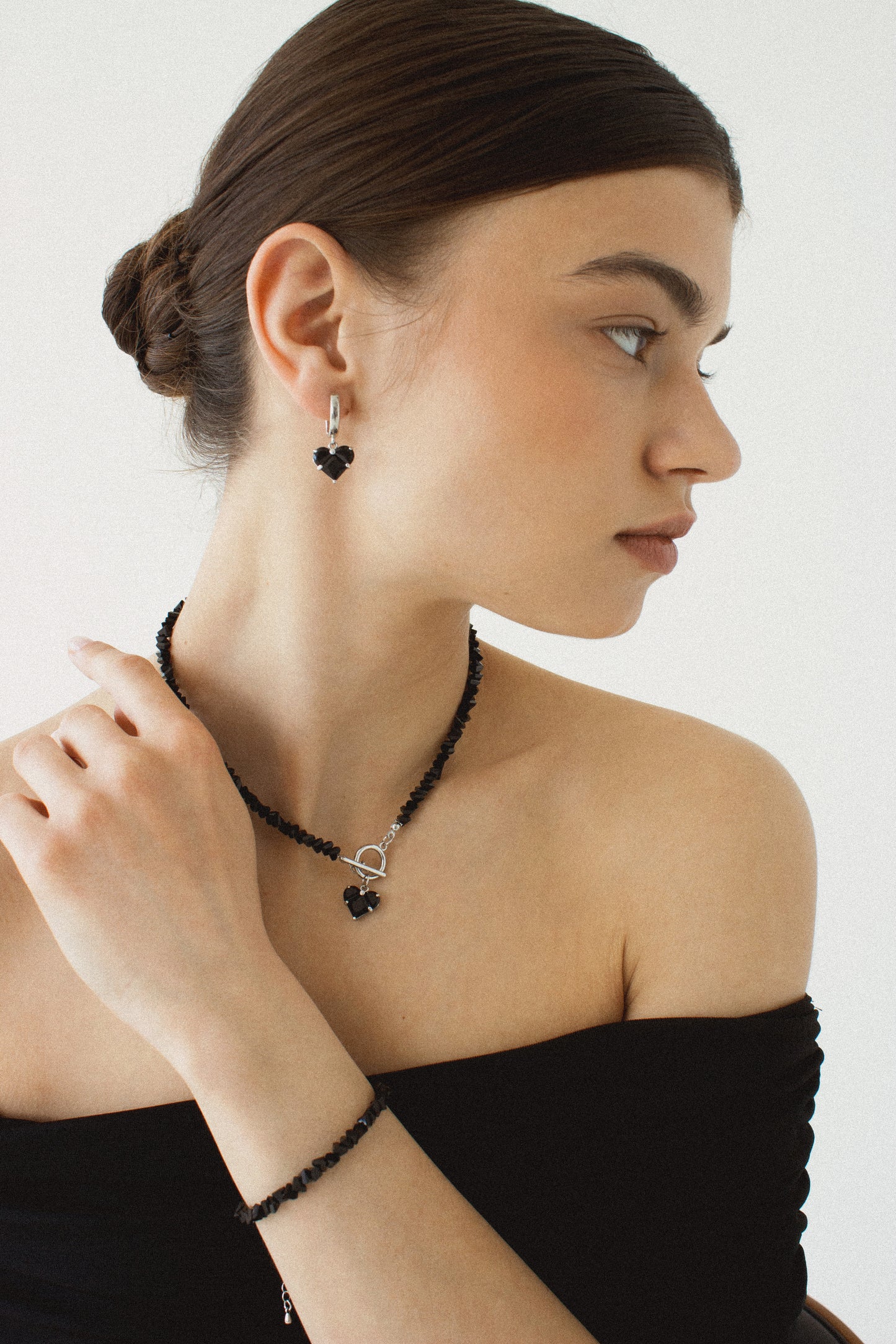 KENSY Black Crystal Pendant Necklace with Lobster Clasp, Crystal Choker, Heart Pendant Bracelet, Heart Drop Earrings Silver