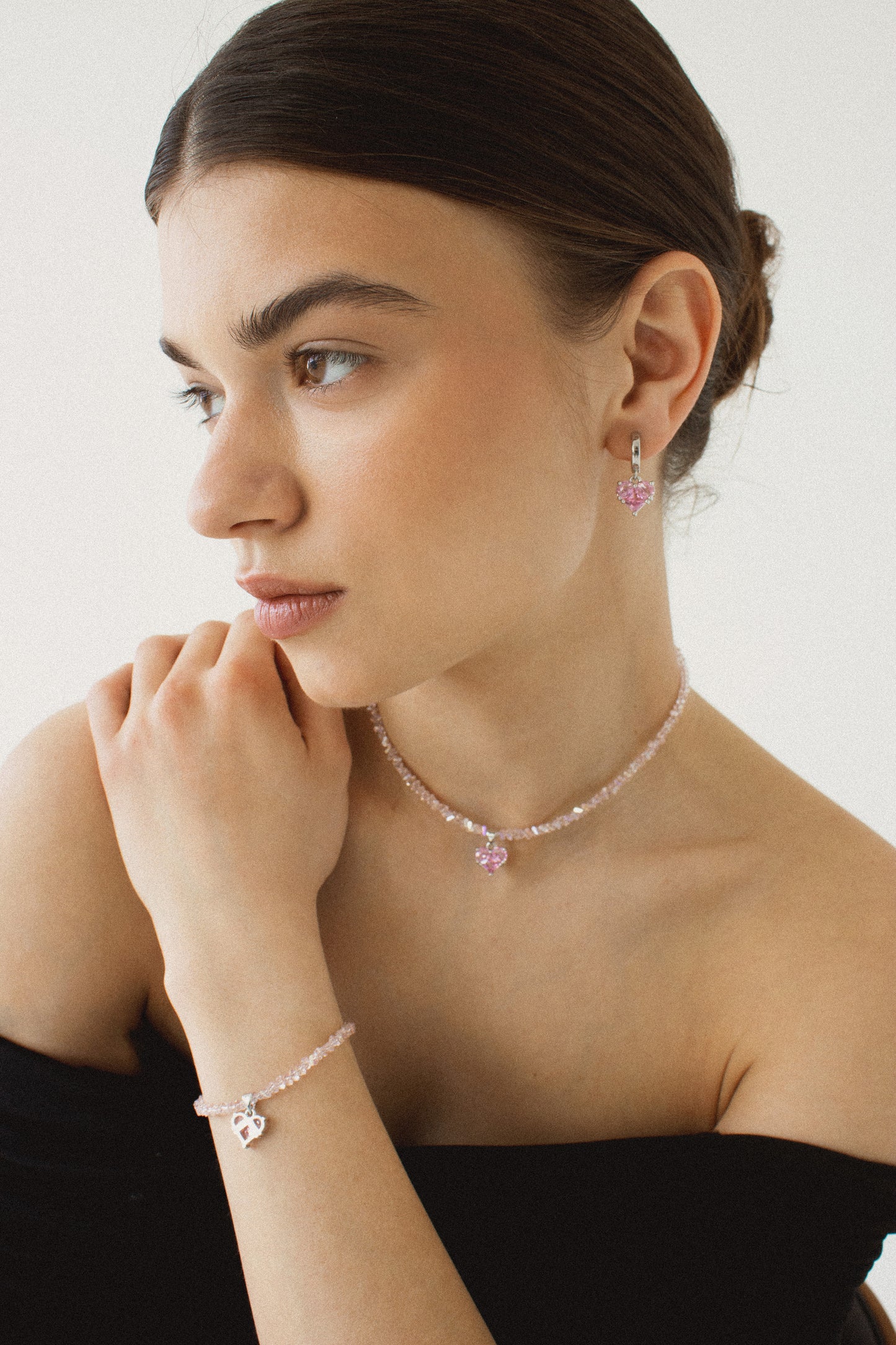 KENSY Pink Heart Pendant Necklace with Lobster Clasp, Crystal Choker, Heart Pendant Bracelet, Heart Drop Earrings Silver