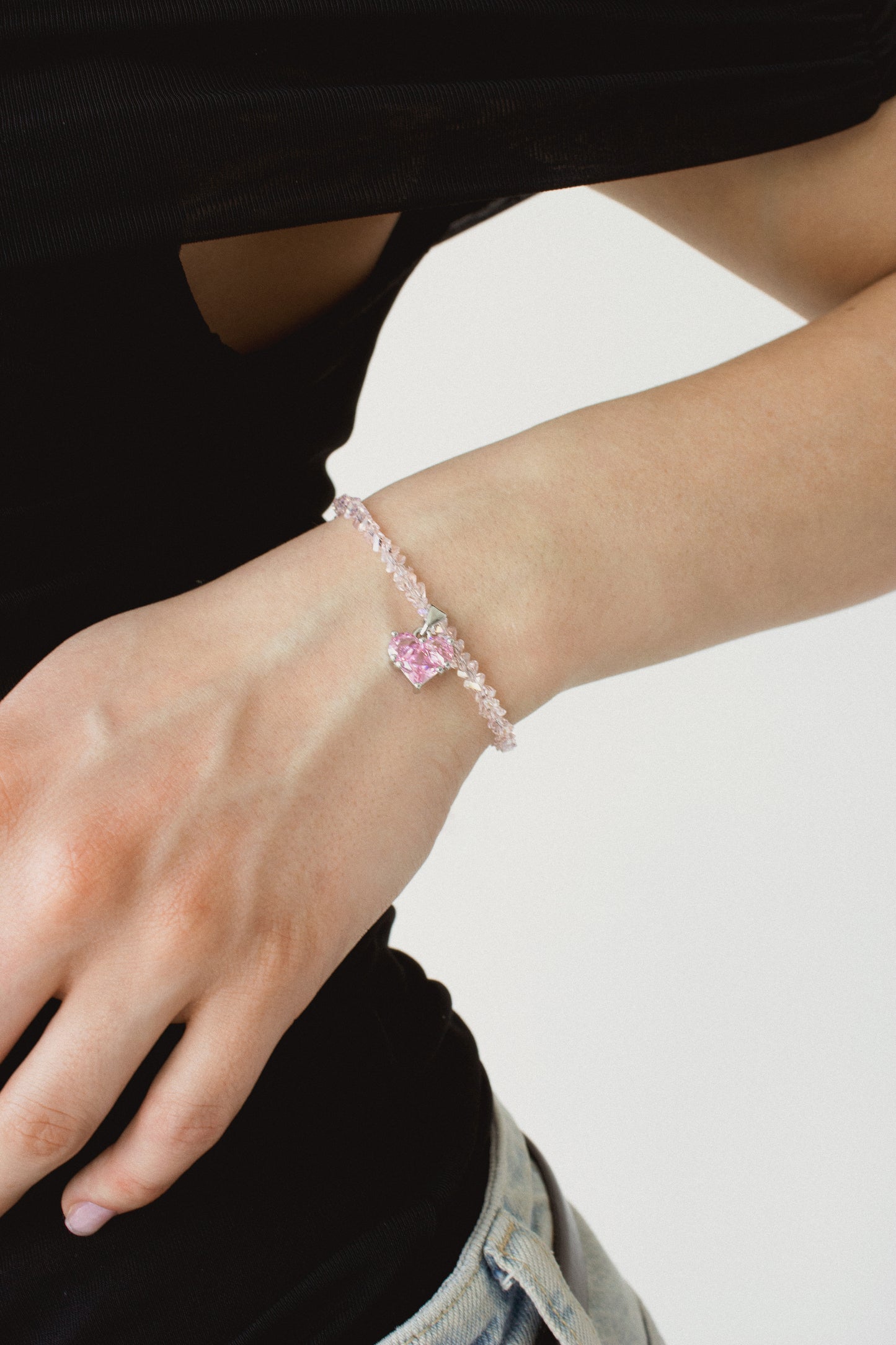 KENSY Pink Heart Pendant Necklace with Lobster Clasp, Crystal Choker, Heart Pendant Bracelet, Heart Drop Earrings Silver