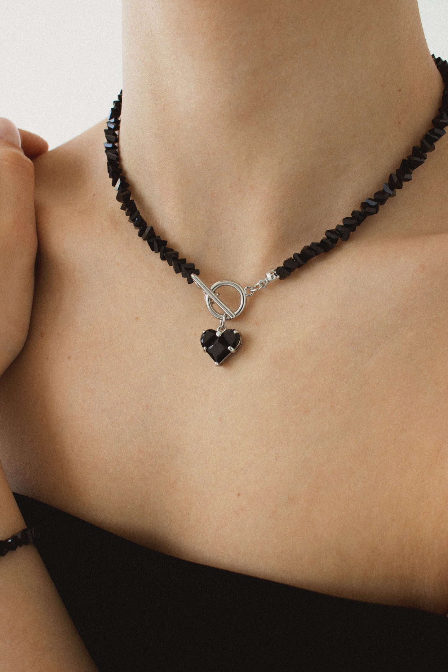 KENSY Black Crystal Pendant Necklace with Lobster Clasp, Crystal Choker, Heart Pendant Bracelet, Heart Drop Earrings Silver
