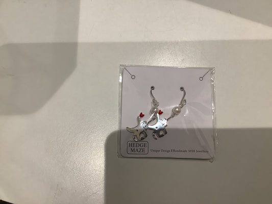 Cat with Red Heart Silver 925 Fresh Water Pearl Earrings