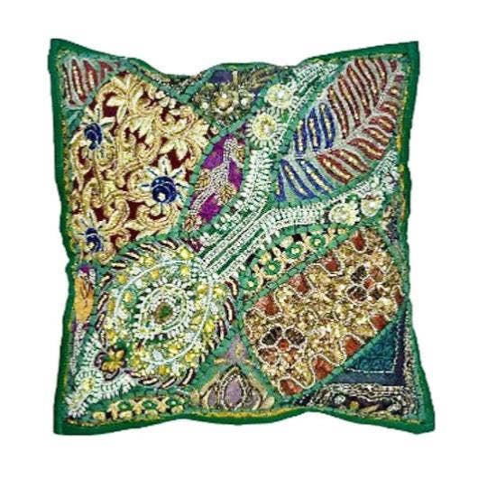 Shared Earth - Cushion Cover Patchwork Heavily Embroidered Green