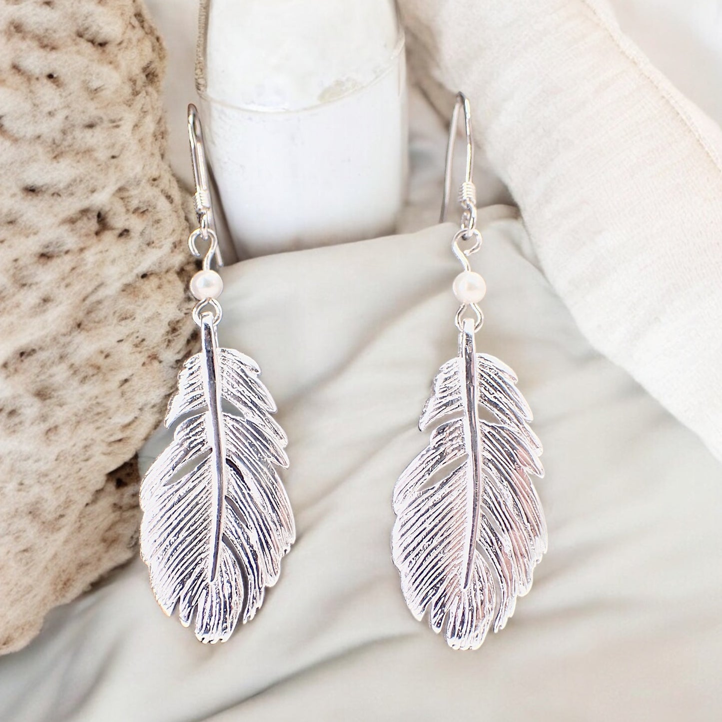 Feather Silver 925 & Fresh Water Pearl Earrings