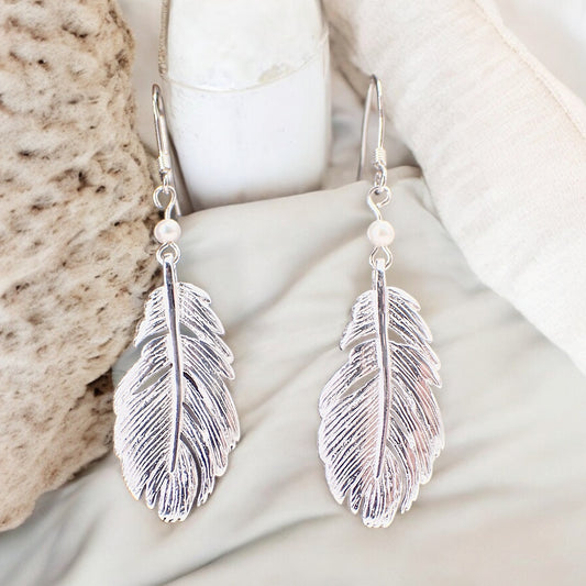 Feather Silver 925 & Fresh Water Pearl Earrings