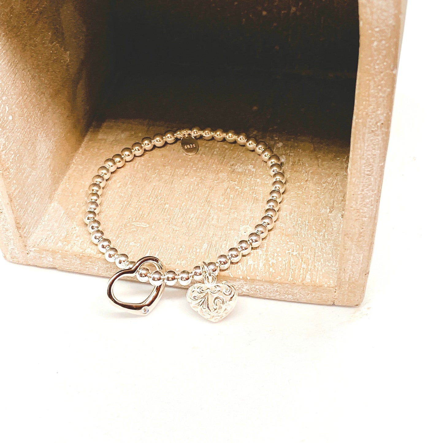 Hollow Heart & Silver Bead Bracelet