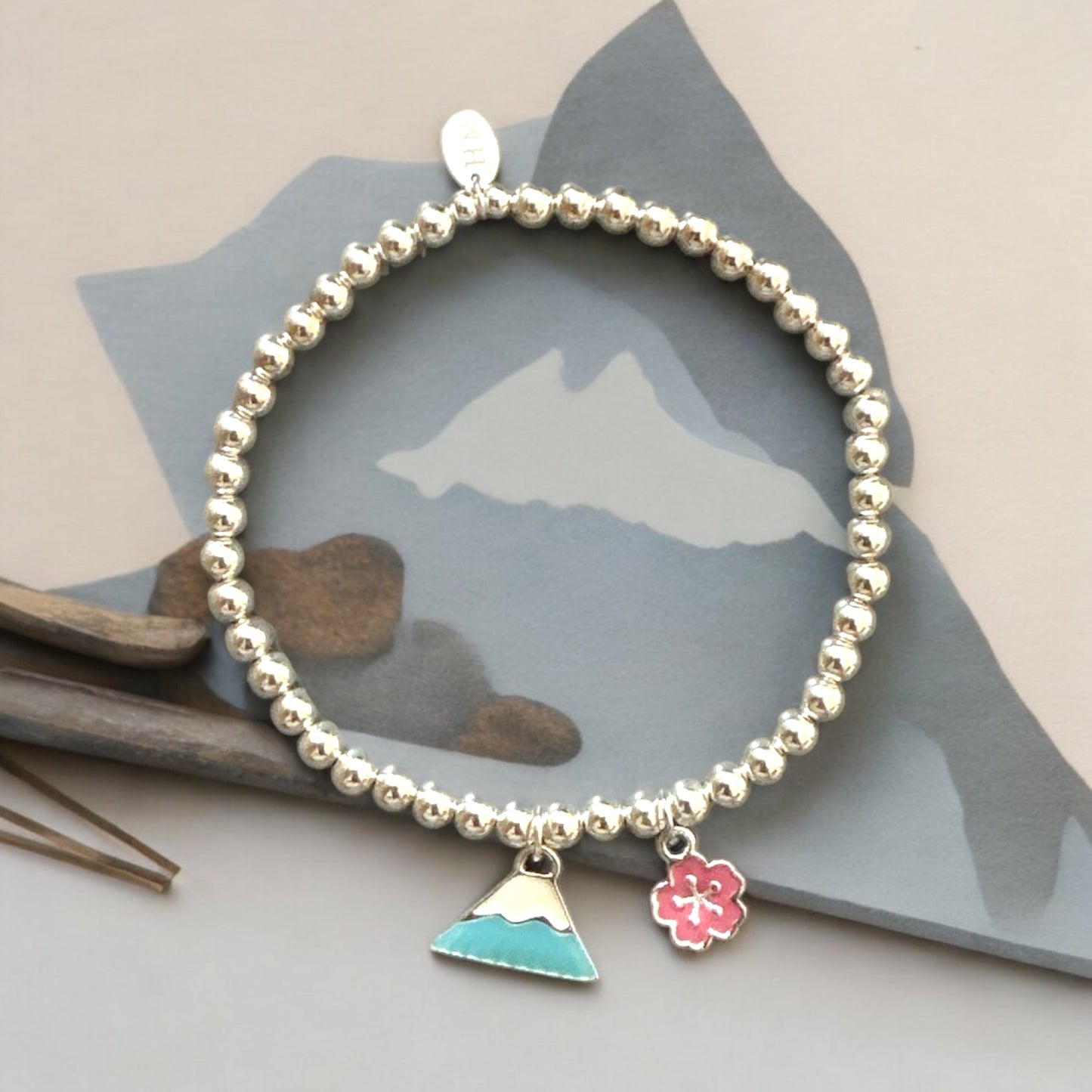 Blue Mt. Fuji with Pink Sakura Silver 925 Bracelet