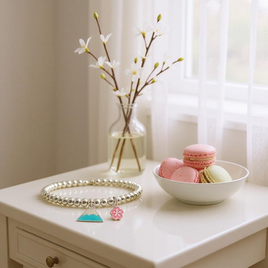 Blue Mt. Fuji with Pink Sakura Silver 925 Bracelet