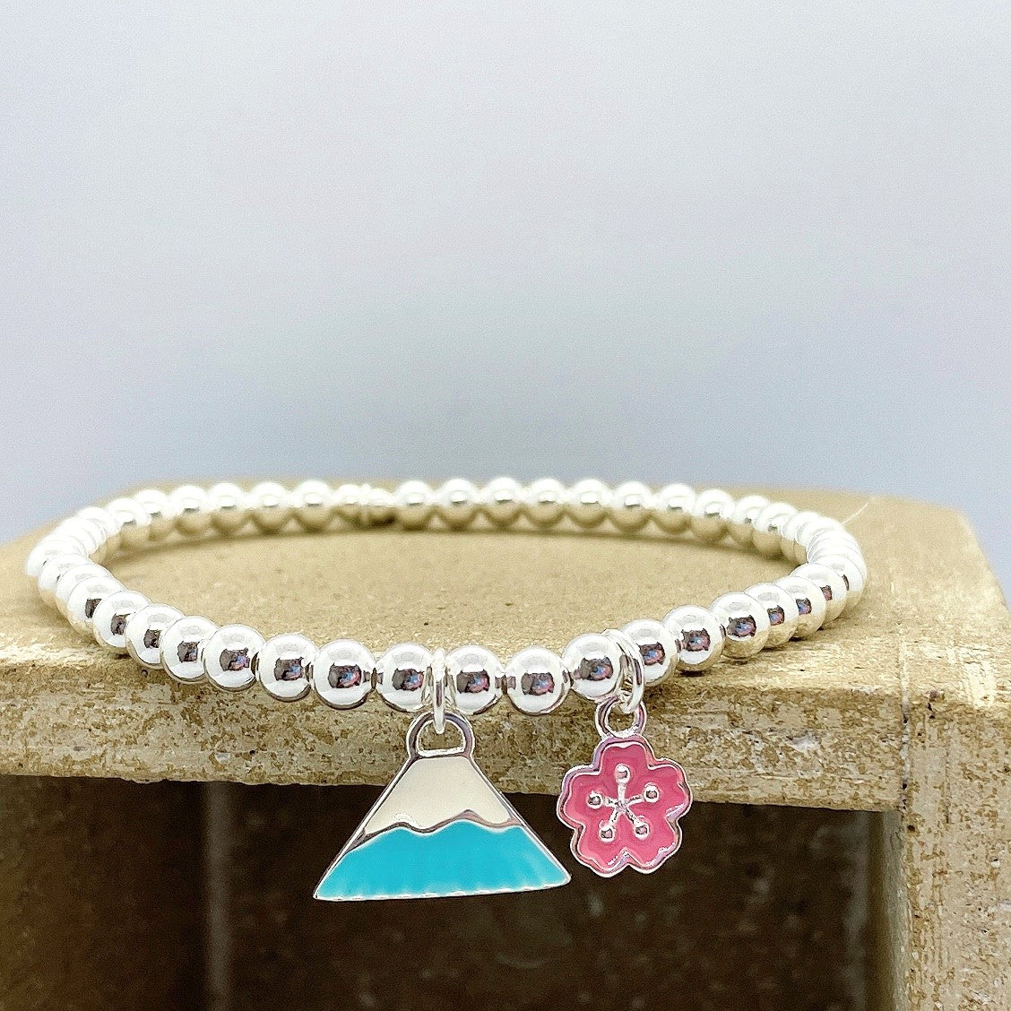 Blue Mt. Fuji with Pink Sakura Silver 925 Bracelet