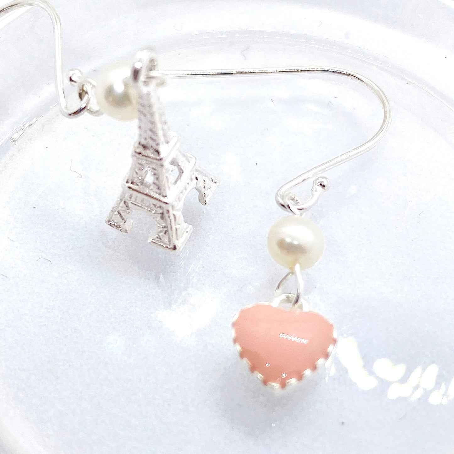 Eiffel Tower with Sweet Heart Silver 925 & Fresh Water Pearl Earrings
