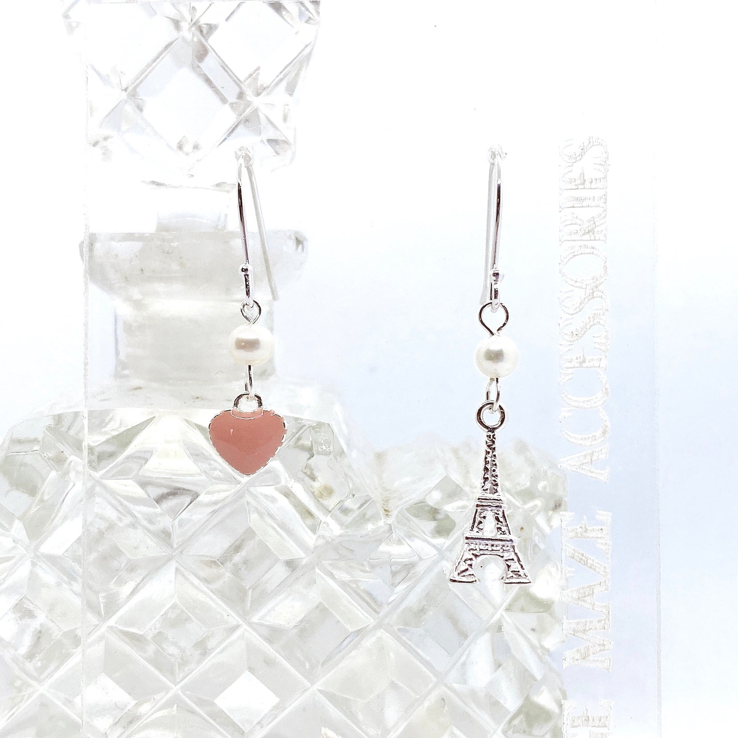 Eiffel Tower with Sweet Heart Silver 925 & Fresh Water Pearl Earrings