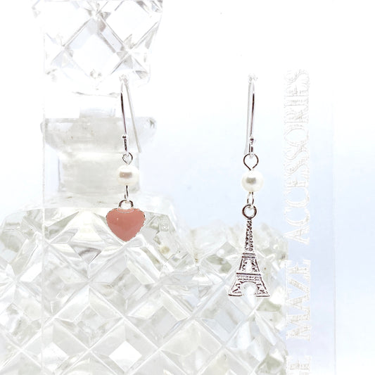 Eiffel Tower with Sweet Heart Silver 925 & Fresh Water Pearl Earrings