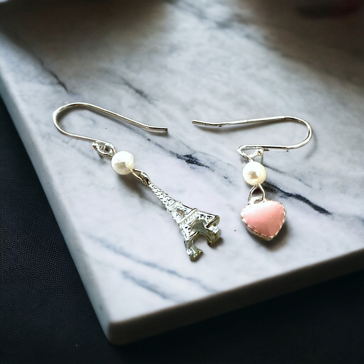 Eiffel Tower with Sweet Heart Silver 925 & Fresh Water Pearl Earrings