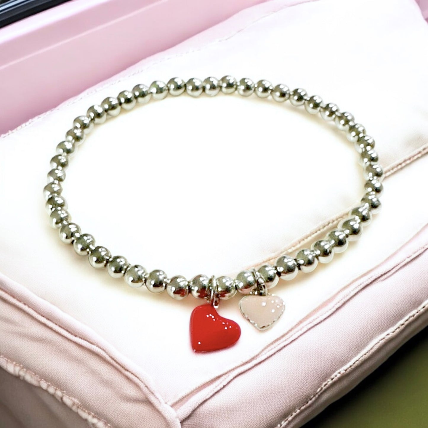 Two Hearts (Red & Pink) Silver 925 Bracelet | S925 Sterling Silver