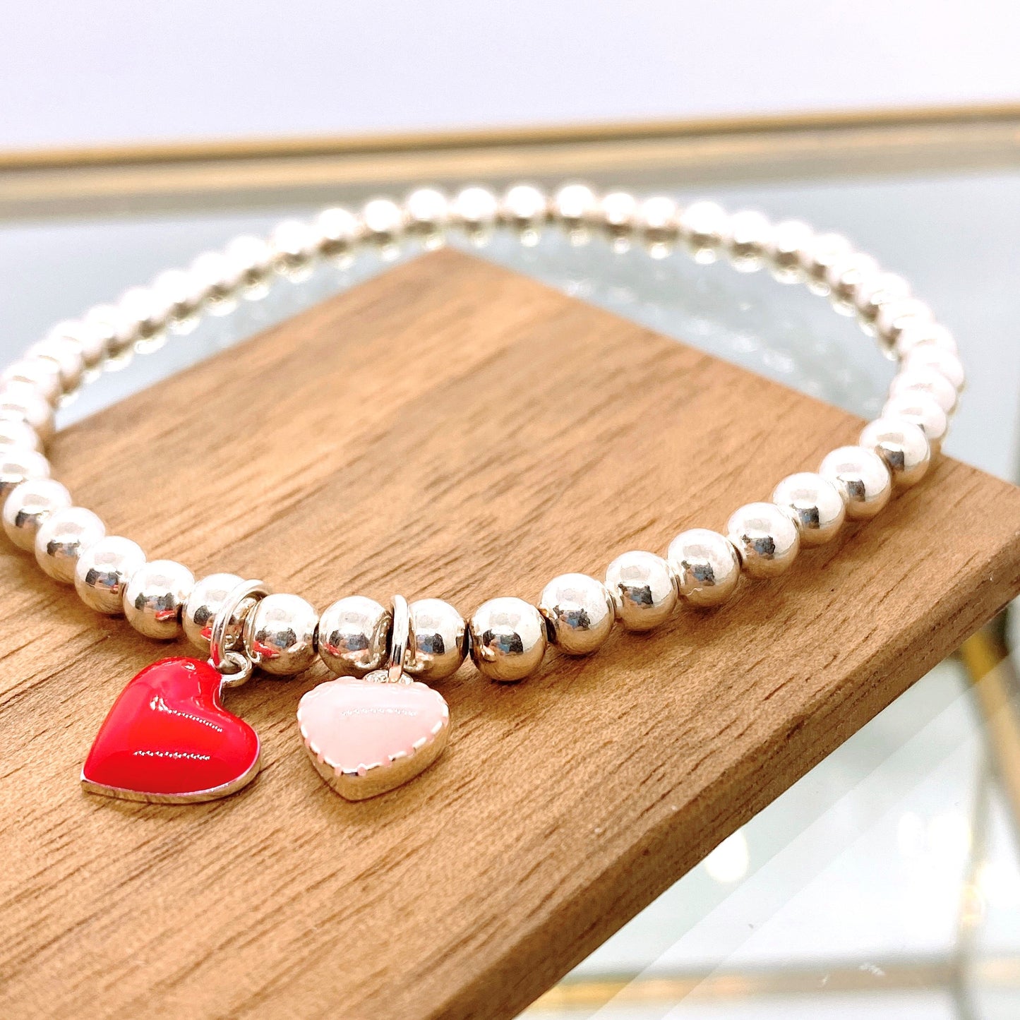 Two Hearts (Red & Pink) Silver 925 Bracelet | S925 Sterling Silver