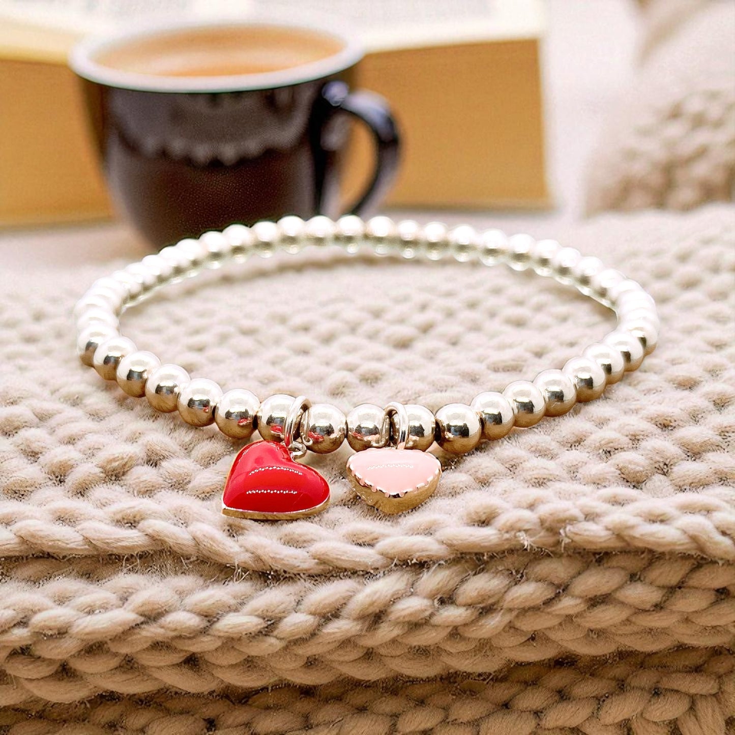 Two Hearts (Red & Pink) Silver 925 Bracelet | S925 Sterling Silver