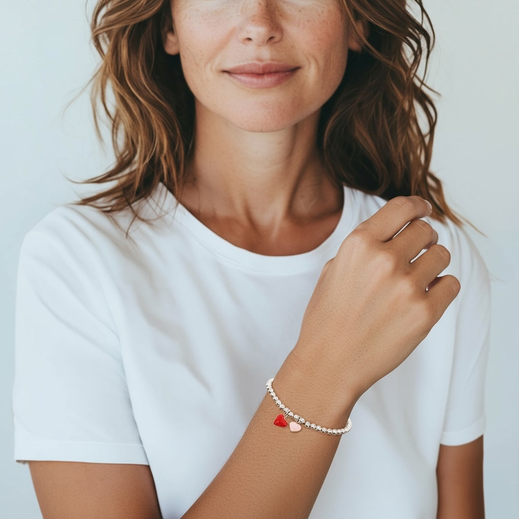 Two Hearts (Red & Pink) Silver 925 Bracelet | S925 Sterling Silver