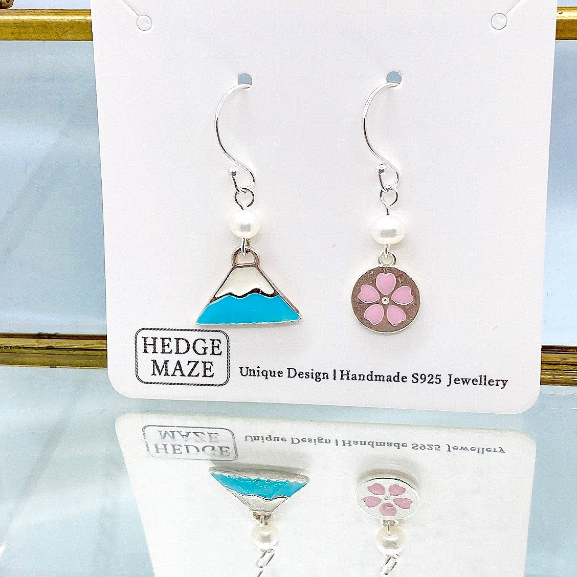 Blue Mt. Fuji with Sakura in Circle Silver 925 & Fresh Water Pearl Earrings
