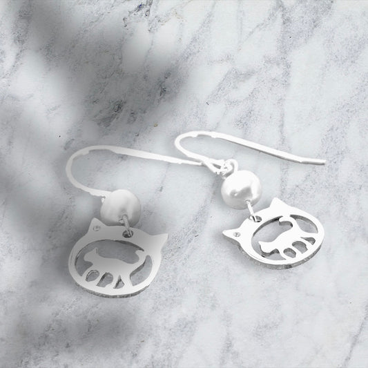 Walking Cat Fresh Water Pearl Silver Earrings