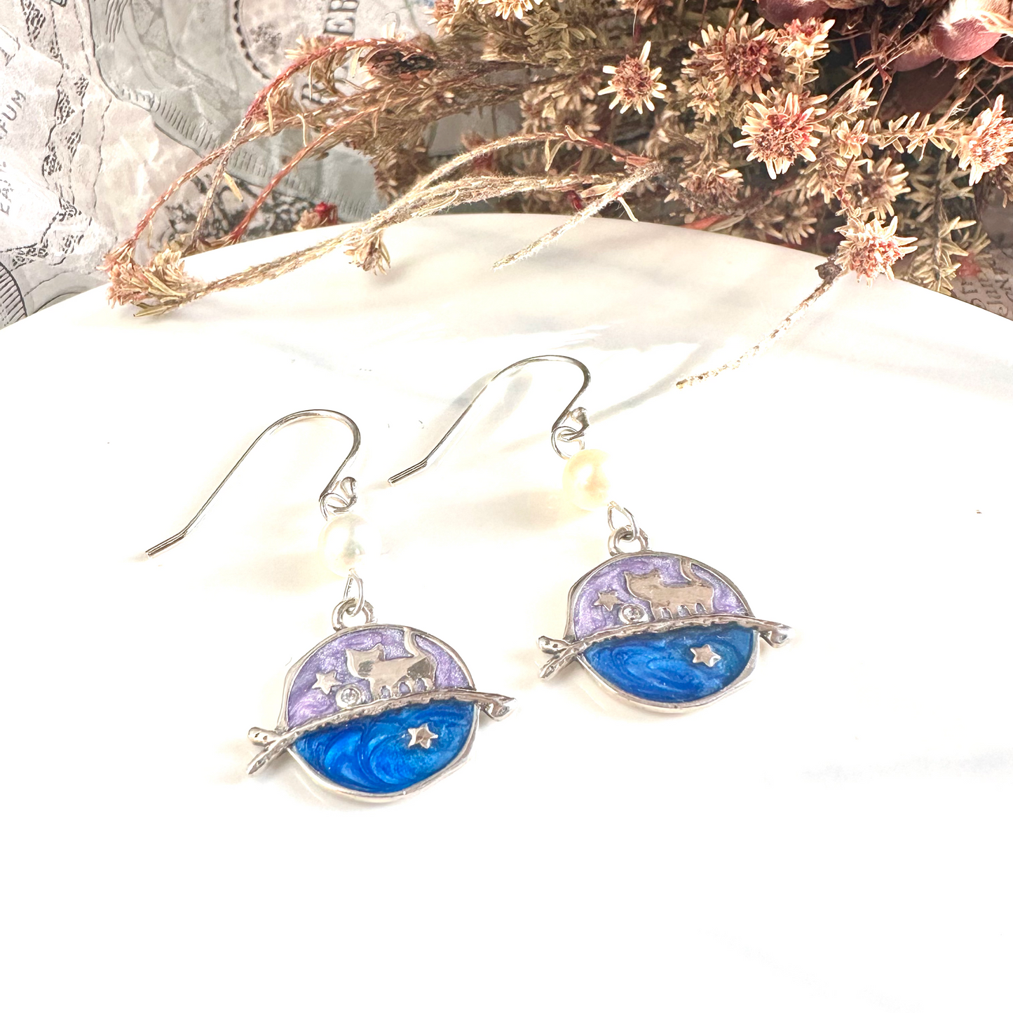 Cat and Planet Fresh Water Pearl Silver Earrings