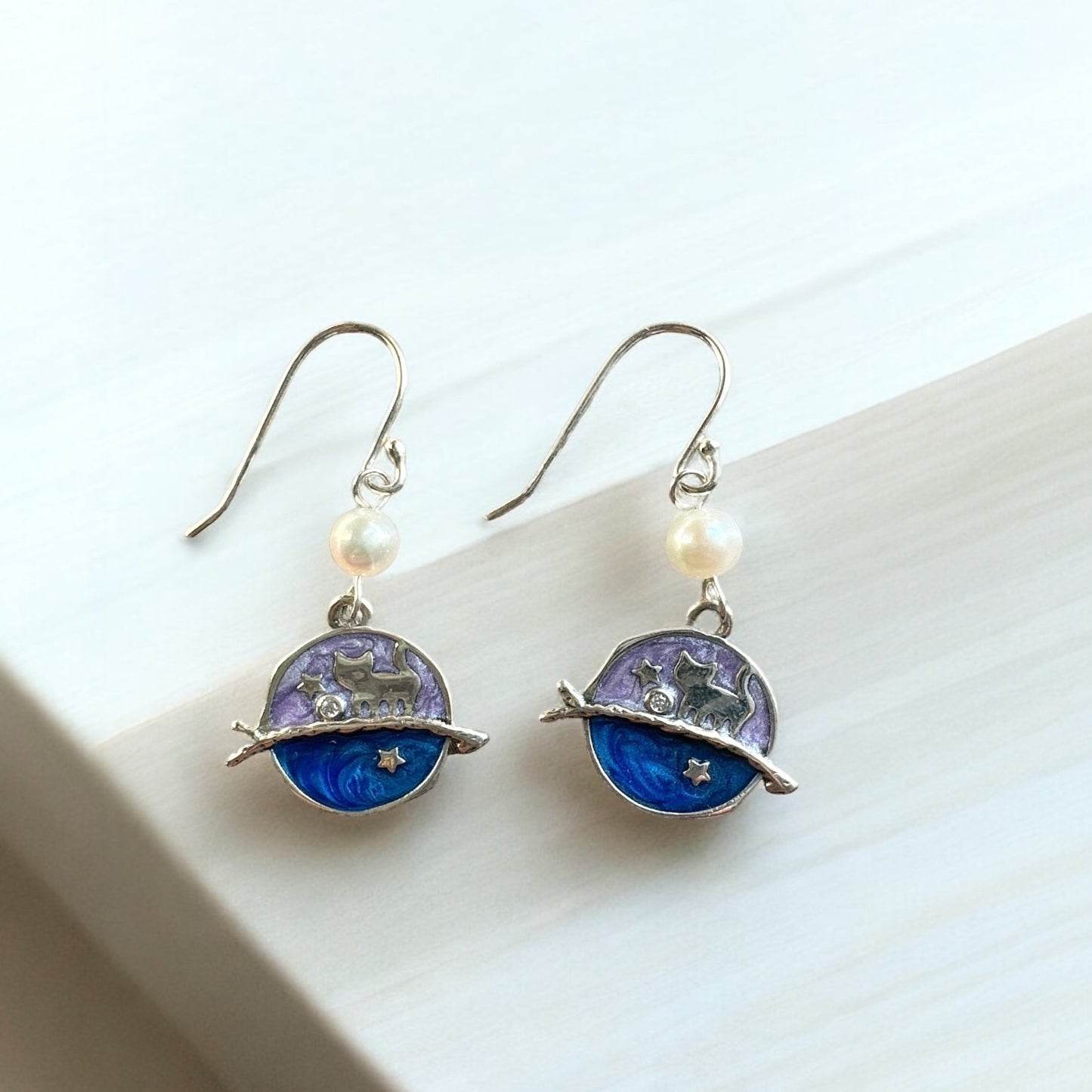 Cat and Planet Fresh Water Pearl Silver Earrings