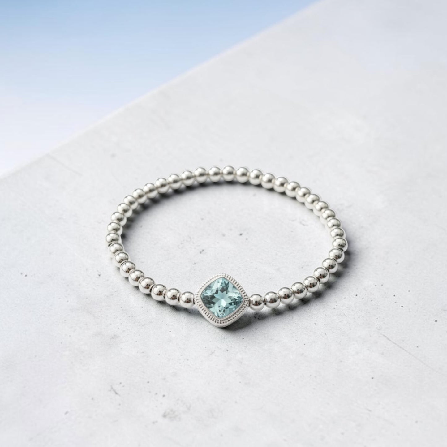 Hollow Light Blue SquareSilver Bead Bracelet
