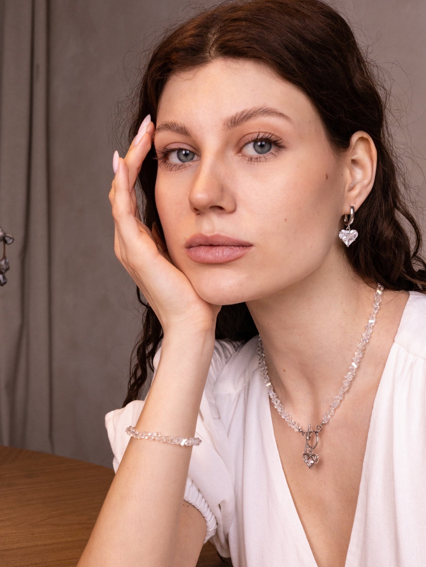 KENSY White Crystal Pendant Necklace with Lobster Clasp, Crystal Choker, Heart Pendant Bracelet, Heart Drop Earrings