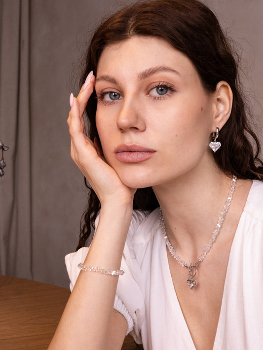 KENSY White Crystal Pendant Necklace with Lobster Clasp, Crystal Choker, Heart Pendant Bracelet, Heart Drop Earrings