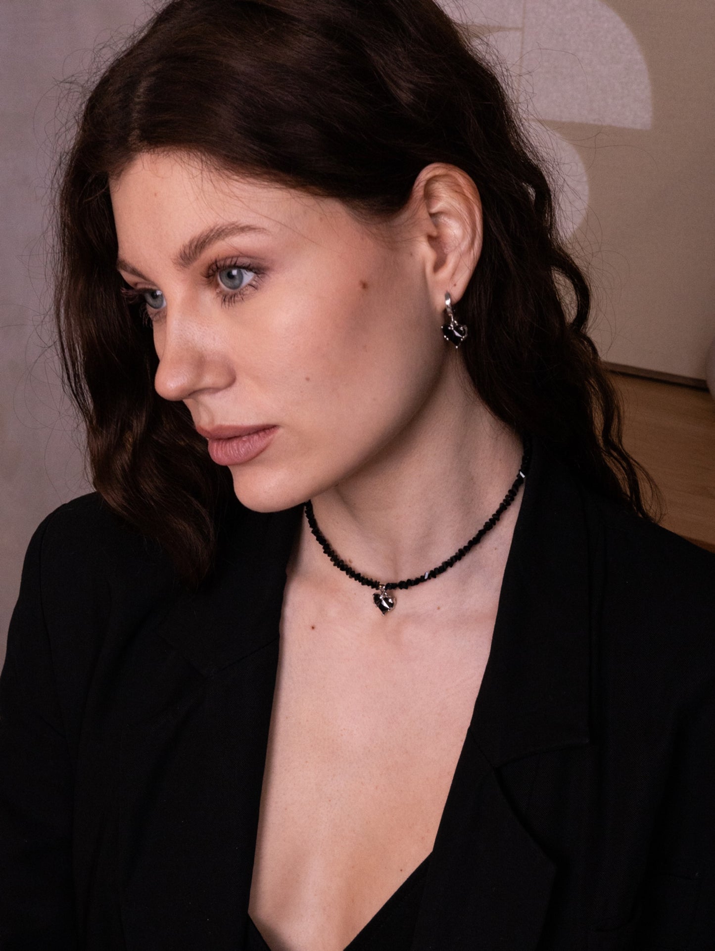 KENSY Black Heart Pendant Necklace with Lobster Clasp, Crystal Choker, Heart Pendant Bracelet, Heart Drop Earrings Silver