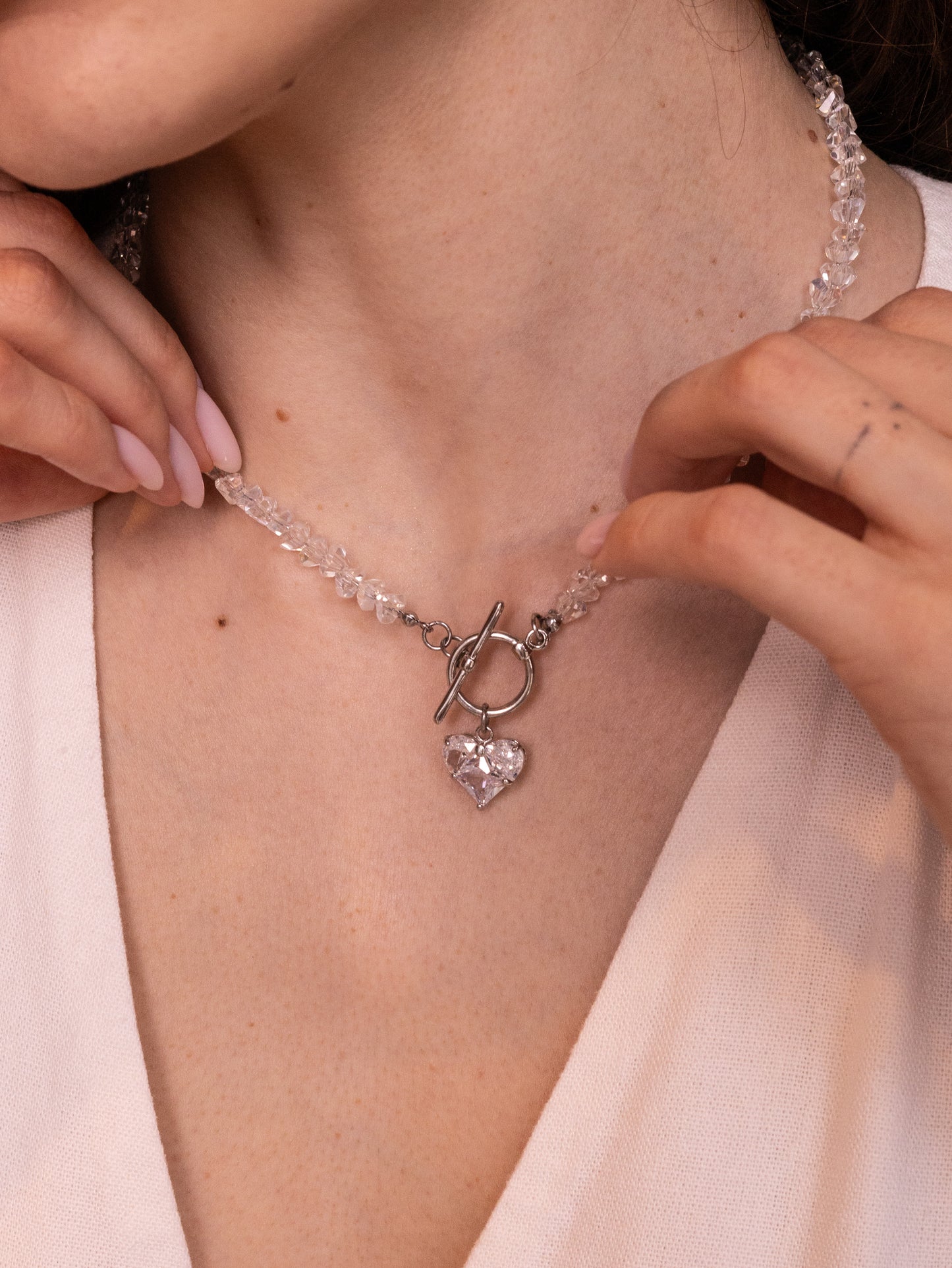 KENSY White Crystal Pendant Necklace with Lobster Clasp, Crystal Choker, Heart Pendant Bracelet, Heart Drop Earrings