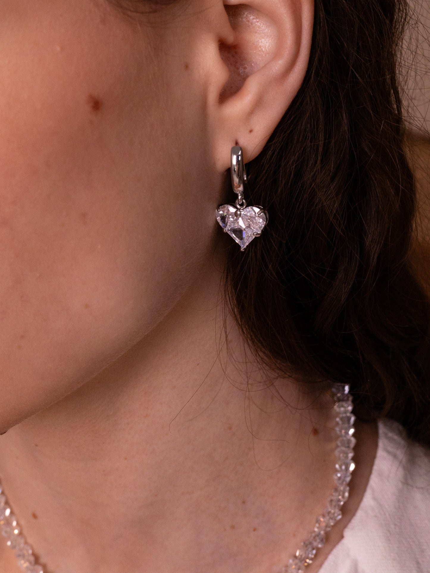 KENSY White Crystal Pendant Necklace with Lobster Clasp, Crystal Choker, Heart Pendant Bracelet, Heart Drop Earrings