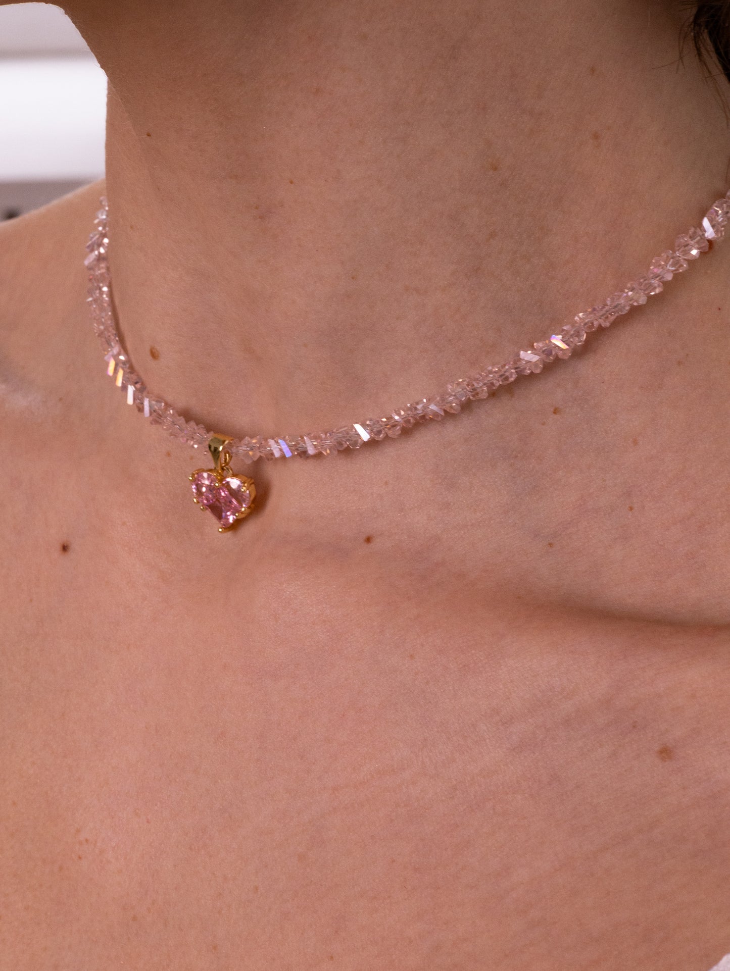 KENSY Pink Heart Pendant Necklace with Lobster Clasp, Crystal Choker, Heart Pendant Bracelet, Heart Drop Earrings Gold