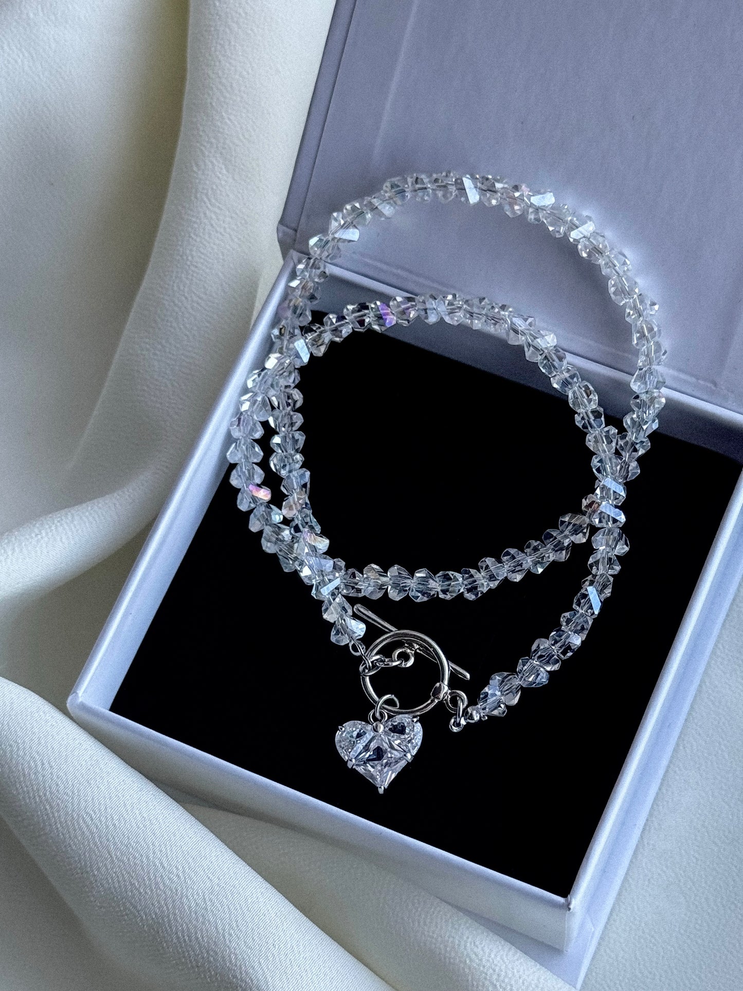 KENSY White Crystal Pendant Necklace with Lobster Clasp, Crystal Choker, Heart Pendant Bracelet, Heart Drop Earrings