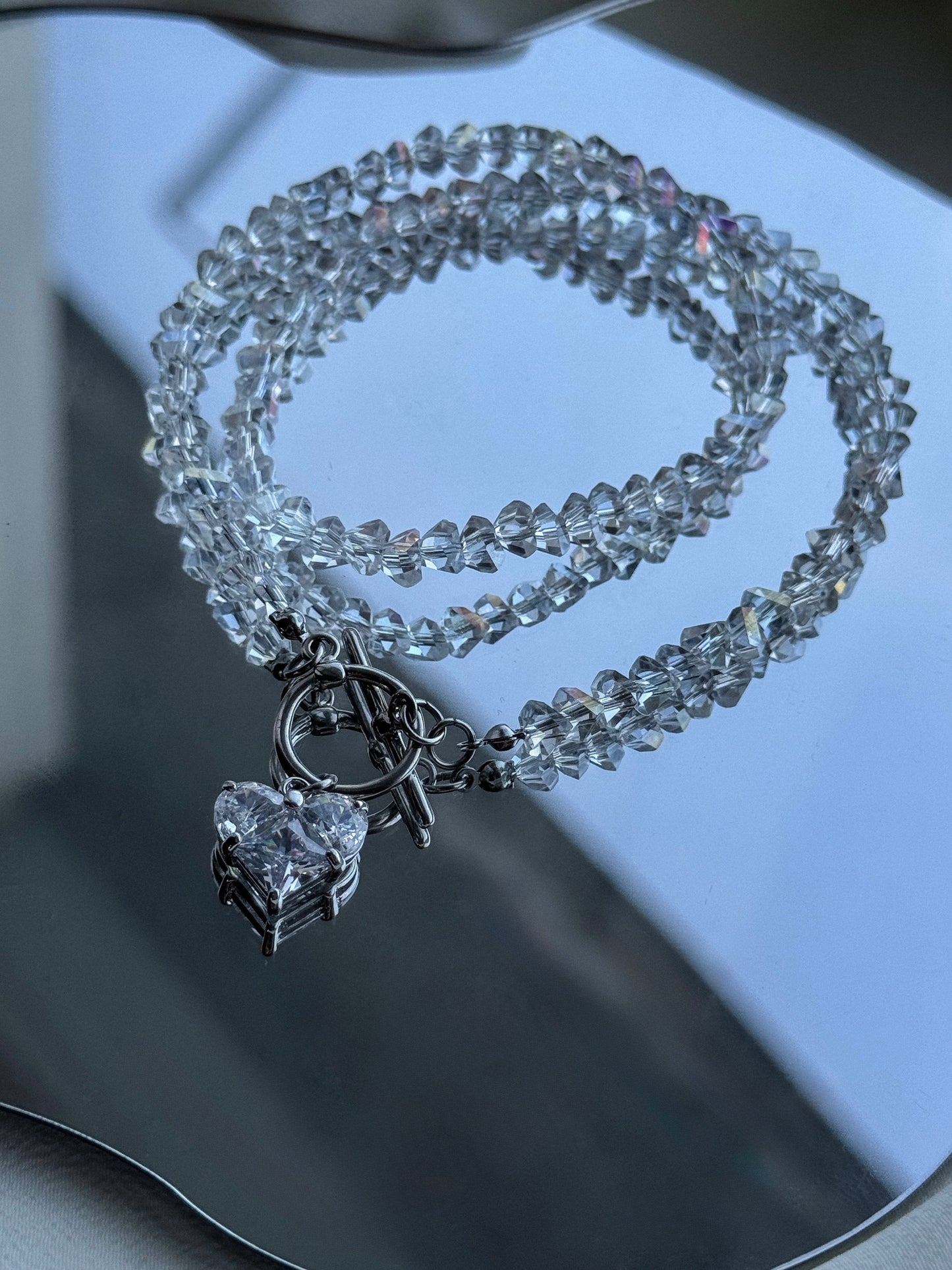 KENSY White Crystal Pendant Necklace with Lobster Clasp, Crystal Choker, Heart Pendant Bracelet, Heart Drop Earrings