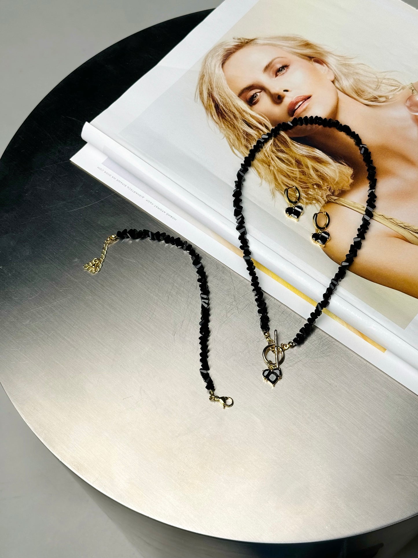 KENSY Black Crystal Pendant Necklace with Lobster Clasp, Crystal Choker, Heart Pendant Bracelet, Heart Drop Earrings Gold