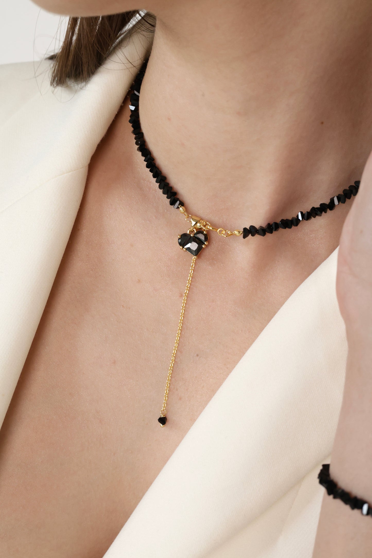KENSY Black Helios Pendant Necklace with Lobster Clasp, Crystal Choker, Heart Pendant Bracelet, Heart Drop Earrings Gold