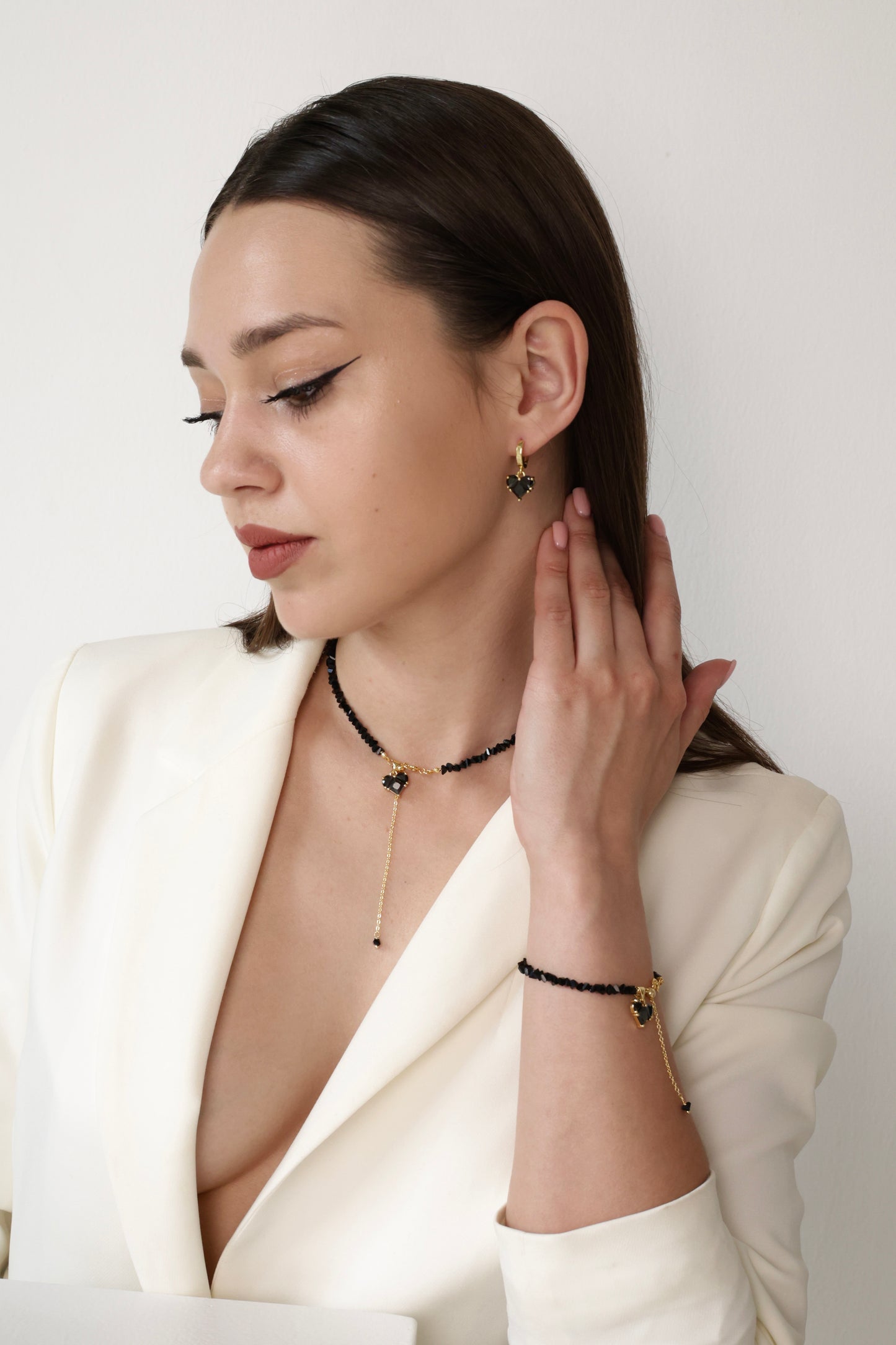 KENSY Black Helios Pendant Necklace with Lobster Clasp, Crystal Choker, Heart Pendant Bracelet, Heart Drop Earrings Gold