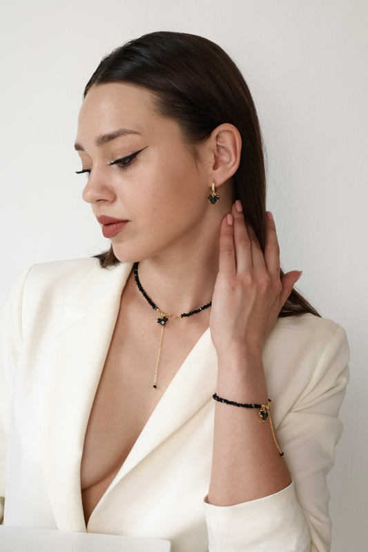 KENSY Black Helios Pendant Necklace with Lobster Clasp, Crystal Choker, Heart Pendant Bracelet, Heart Drop Earrings Gold