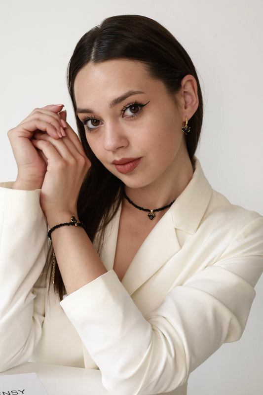 KENSY Black Heart Pendant Necklace with Lobster Clasp, Crystal Choker, Heart Pendant Bracelet, Heart Drop Earrings Gold