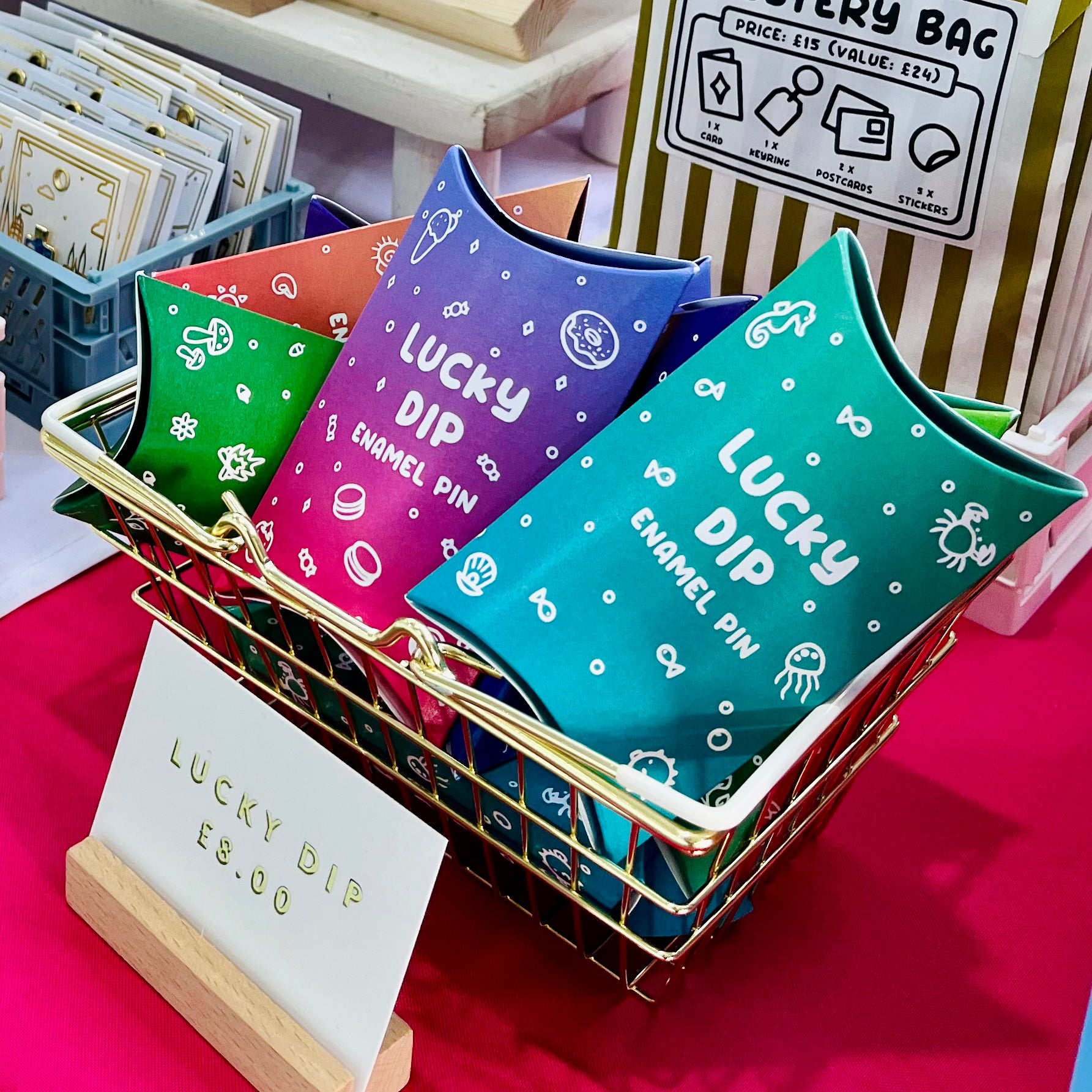 Foxti lucky dip mystery enamel pin in eco recycled card packaging