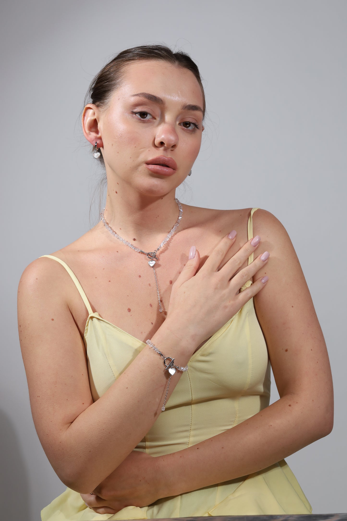 KENSY Celeste Pendant Necklace with Lobster Clasp, Crystal Choker, Heart Pendant Bracelet, Heart Drop Earrings Silver