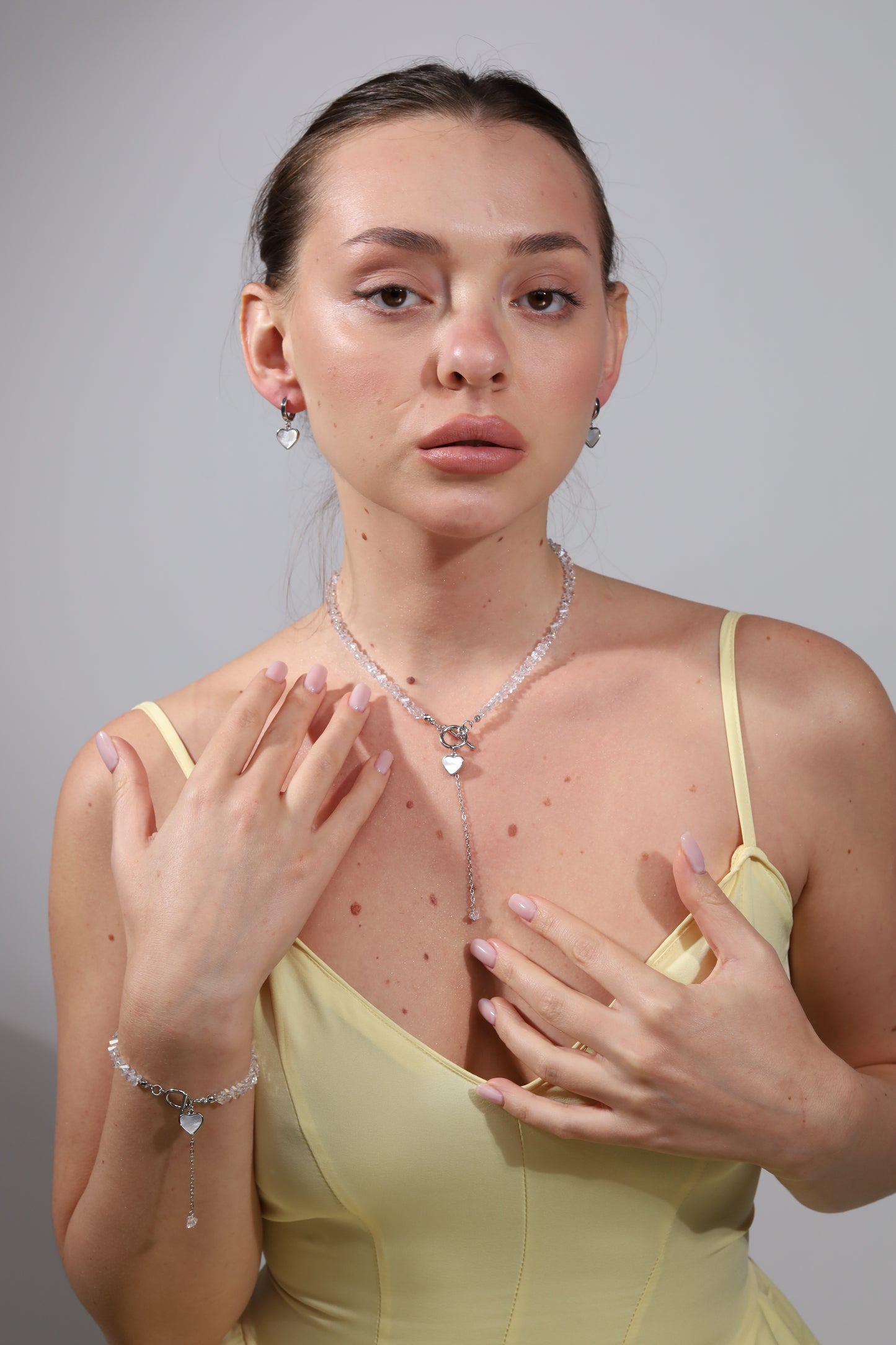 KENSY Celeste Pendant Necklace with Lobster Clasp, Crystal Choker, Heart Pendant Bracelet, Heart Drop Earrings Silver