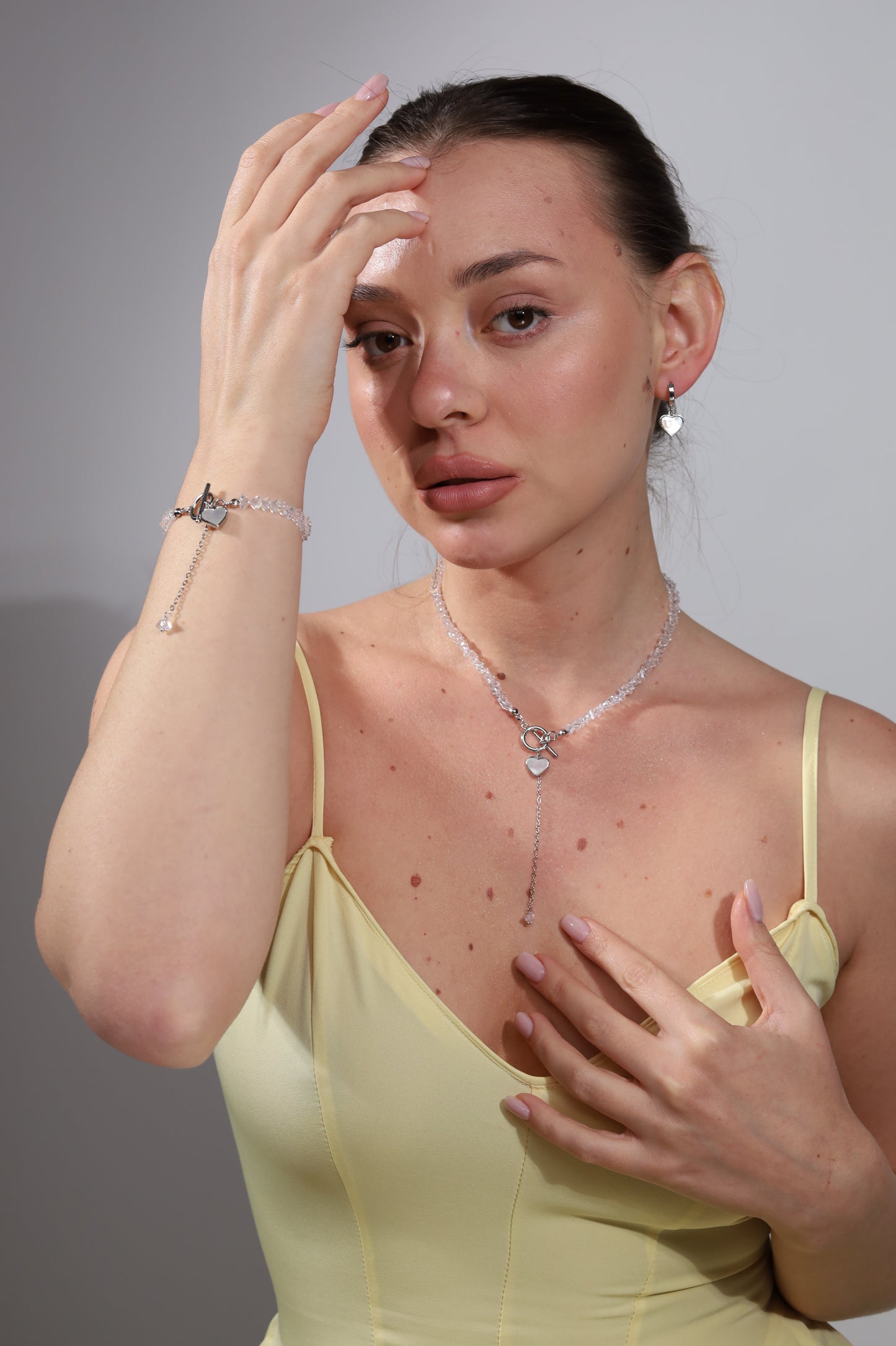 KENSY Celeste Pendant Necklace with Lobster Clasp, Crystal Choker, Heart Pendant Bracelet, Heart Drop Earrings Silver