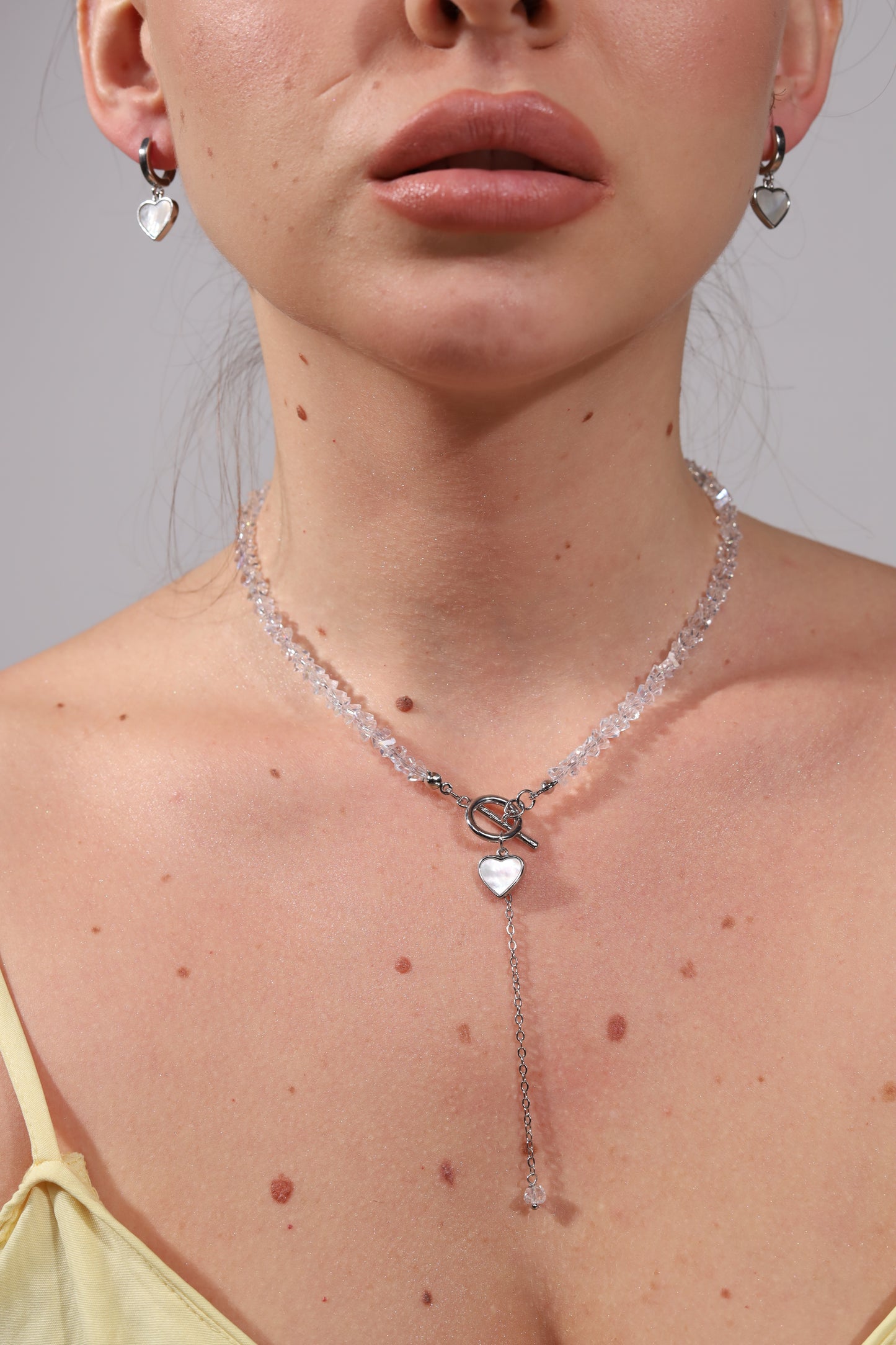 KENSY Celeste Pendant Necklace with Lobster Clasp, Crystal Choker, Heart Pendant Bracelet, Heart Drop Earrings Silver